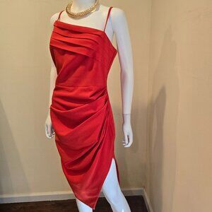 Lavish Alice Asymmetric Pleated Midi Dress Coral Red Size 14